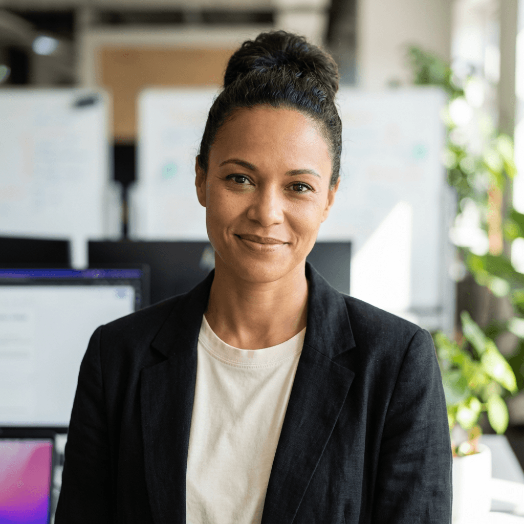 Rachel Osei, a female office manager in her early 30s, Black, professional approachable demeanor