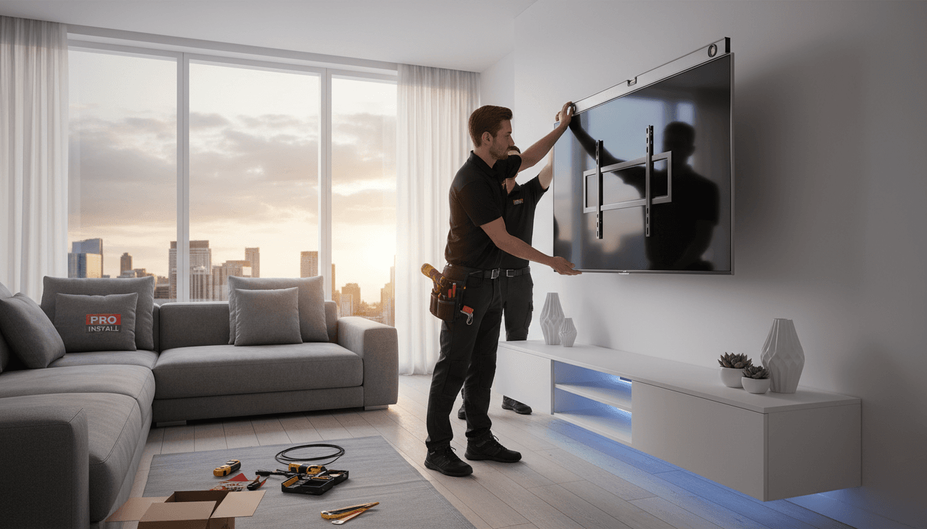 Technician mounting a flat screen TV on a living room wall